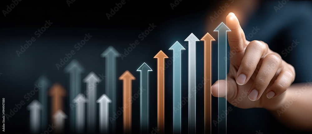 Obraz premium Businessman points at virtual screen displaying growth arrow while immersed in digital marketing and financial data