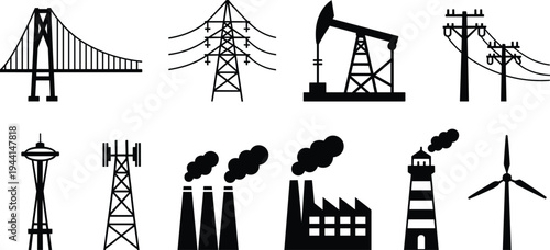 Industrial infrastructure icons set including bridge, power transmission tower, oil pumpjack, factory, lighthouse, wind turbine, communication tower silhouettes