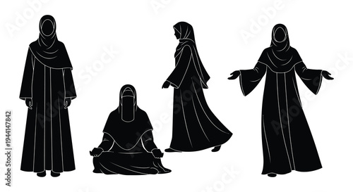 Four women wearing traditional hijabs and abayas in a monochrome style