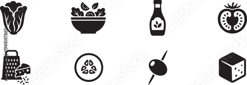 Salad and cooking ingredients icon set. Healthy food, fresh vegetables and vegan nutrition. Vector Illustration.