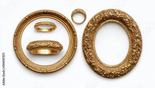 Ornate golden picture frames and rings arranged on a white backdrop, casting soft shadows