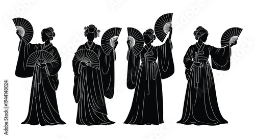 Silhouette of women in traditional japanese clothing holding fans