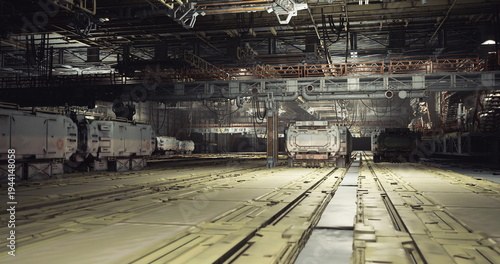 Картината върху платно empty military deck interior bathed in low light with worn tracks, rusted bulkhe