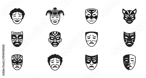 Theater Masks and Emotional Facial Expressions Icon Set. Vector Illustration.