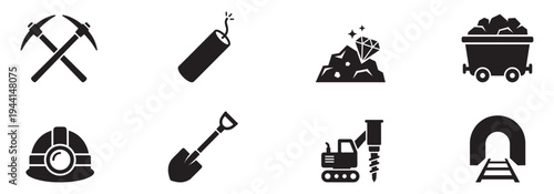 Mining Industry and Quarrying Equipment Icon Set. Vector Illustration.