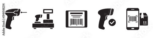 Barcode scanner and retail logistics icons - handheld scanner, checkout, mobile scanning and delivery. Vector Illustration.