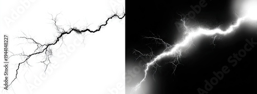 Split image shows a lightning bolt on a black background and a cracked line on white