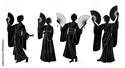 Silhouette of women in traditional japanese clothing holding fans