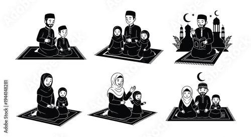 Islamic family scenes depicting togetherness faith and religious practice