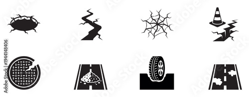 Road damage and infrastructure problem icons - pothole, crack, manhole and street repair symbols. Vector Illustration.