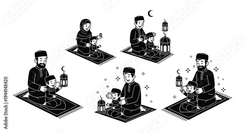 Islamic family scenes depicting togetherness faith and religious practice