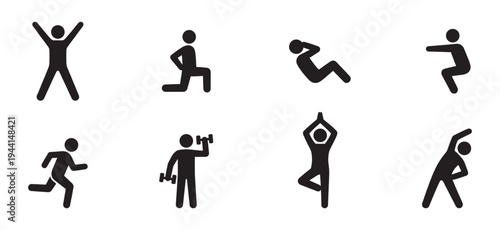 Fitness and Exercise Movement Icon Set – Flat Vector Icons for Workout, Sports, and Healthy Lifestyle. Vector Illustration.