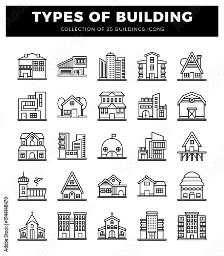 Collection of diverse building icons with clear outlines against a white background.