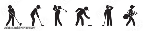 Golf Player Movement and Action Icon Set – Flat Vector Icons for Swing, Aiming, Walking, and Sport Techniques. Vector Illustration.