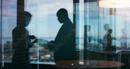 Obraz na płótnie Silhouette, b2b and reflection with business people in office for planning, meeting or realtor advisor