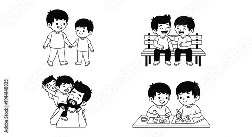 Cartoon illustrations depicting father and son bonding moments and playful interactions