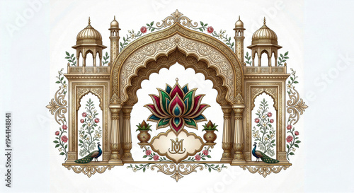 An intricately designed golden archway featuring a lotus flower and peacocks ideal for invitations on transparent background