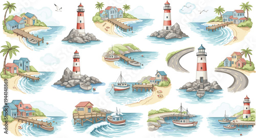 Coastal Lighthouse and Seaside Village Illustration Set with Ocean Waves Boats Piers Beach Houses Palm Trees and Maritime Landscape Vector Collection