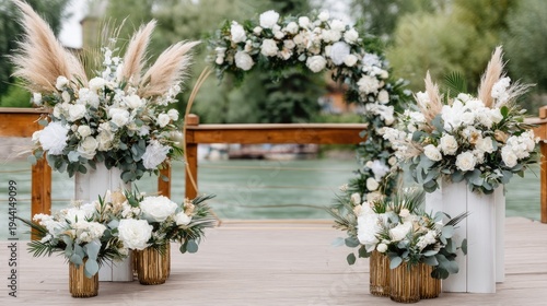 Beautiful wedding ceremony decor with pampas grass and white roses on a wooden arch, set against a river during sunset