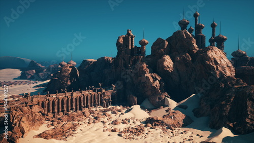 Photos Dusk desert citadel towering over dunes, spires and ramparts silhouetted against