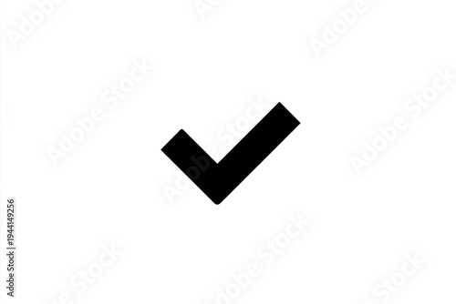 A bold, black checkmark icon floats in the center against a clean white background