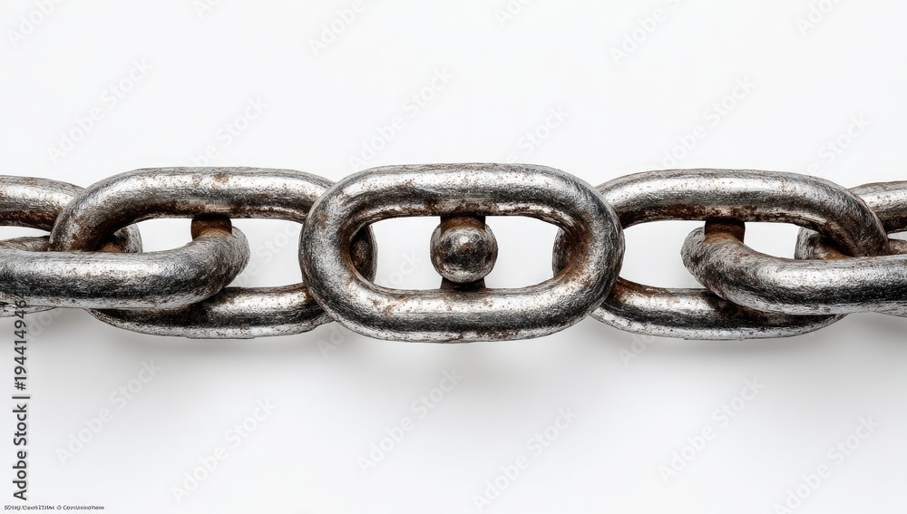 Obraz premium Close-up of a rusty metal chain with oval links against a white background