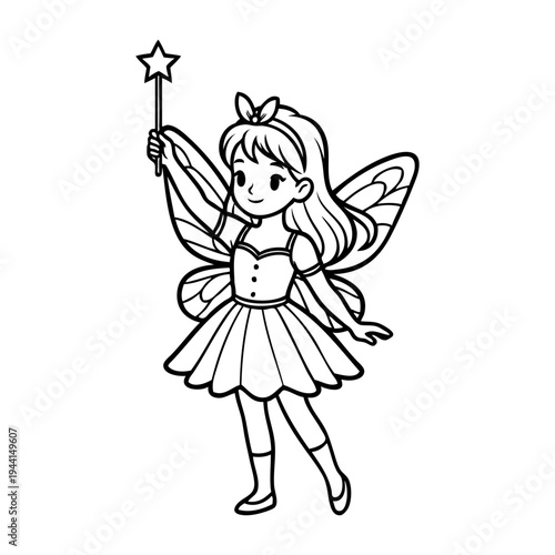 Dibujo sencillo con líneas de una niña de pie vestida con un disfraz de hada con alas y varita mágica 