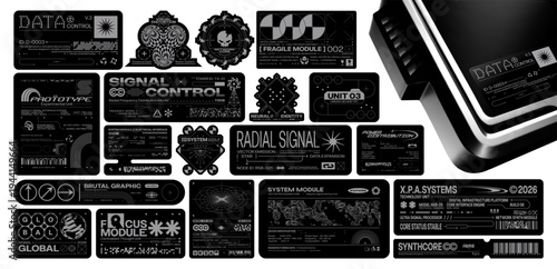 Futuristic tech label sticker pack collection. Cyberpunk UI interface elements, digital system modules, data control panels and industrial barcode graphics. Vector set