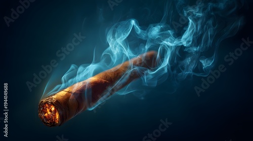 Cigar emits glowing smoke against deep blue backdrop