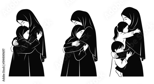 Three illustrations of mothers lovingly embracing their young children