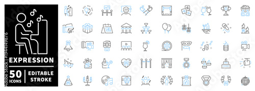 Expression editable line icons set. linear, outline, celebration and art symbols
