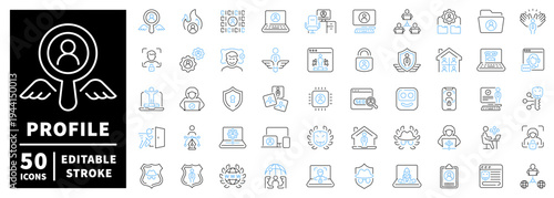 Profile and security icons set. editable line icons, outline, user, privacy, protection