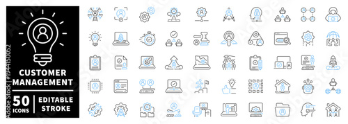 Customer management icons set. editable line icons, outline, service symbols