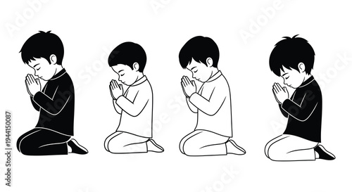 Three boys in prayer depicted in a simple black and white illustration