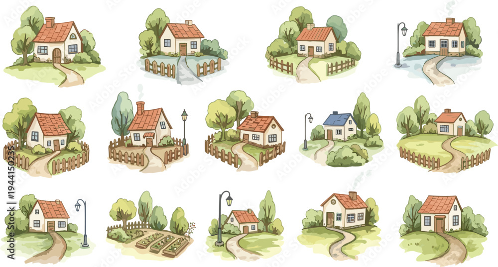 Obraz premium Countryside Cottage and Village House Illustration Set with Garden Paths Fences Trees Rural Landscape Homes and Cozy Country Living Vector Collection