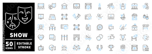 Theater performance icons set. line, editable line icons, drama and show symbols