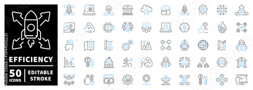 Efficiency icons set: editable line icons, linear workflow, productivity visuals