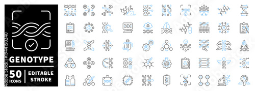 Genotype icons set: editable line icons, linear style dna and genome symbols