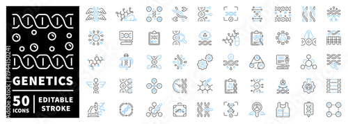 Genetics icons set with editable line icons. outline, biological, science symbols