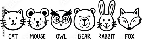 Black line art cute animal faces including cat mouse owl bear rabbit and fox with minimalistic style and simple design smiling happy expression