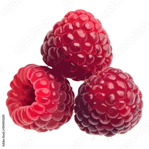 A close-up view of four ripe raspberries with vibrant red color and tiny seeds. isolated on white background, Vector