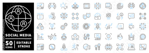 Social media icons set. editable line icons, networking and communication symbols
