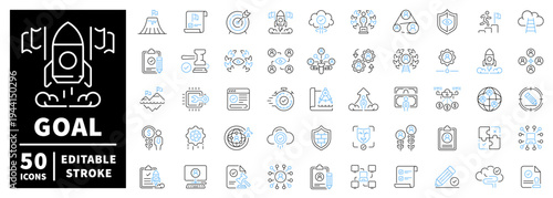 Simple goals icons set: editable line icons, outline, success and achievement symbols