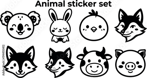 Black and white vector animal sticker set featuring smiling koala rabbit chick fox cow and pig heads simple cartoon style