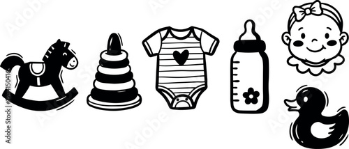 Black and white flat design baby items with rocking horse stacking rings onesie bottle duck and smiling baby face outline