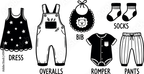 Black and white baby clothes vector art set with dress overalls bib romper socks pants line drawing icons