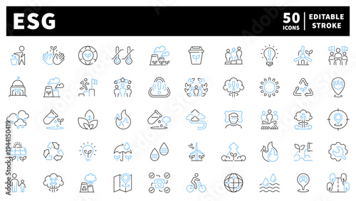 Esg editable line icons set. sustainable and environment symbols