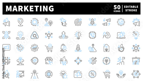 Marketing editable line icons set: advertising, branding and promotion symbols