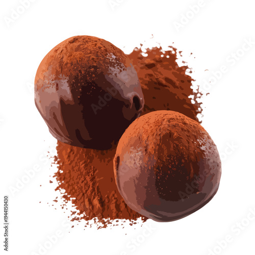 Close up view of three dark brown chocolate truffles with cocoa powder sprinkled around them. isolated on white background, Vector