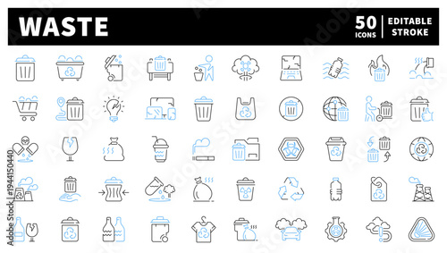 Waste management editable line icons set. recycling and environmental symbols